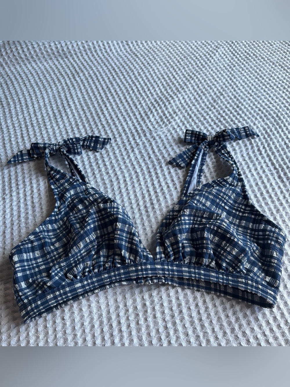Blue & White Textured Plaid Tie-Strap Bikini Top
